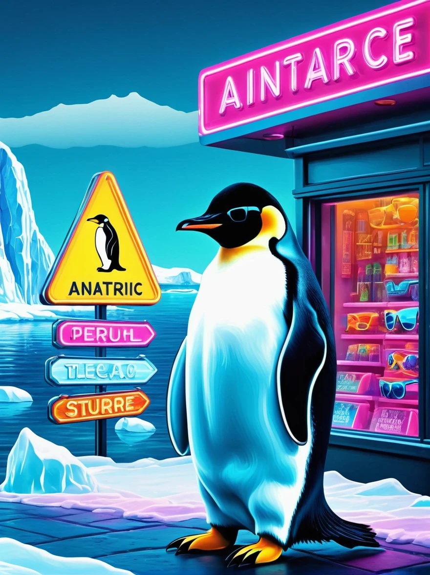 Neon,Shop sign,Antarctic Scene,iceberg,Sea,Cool emperor penguin wearing sunglasses,发光的NeonShop sign,Ultra high saturation,Bright colors,High height