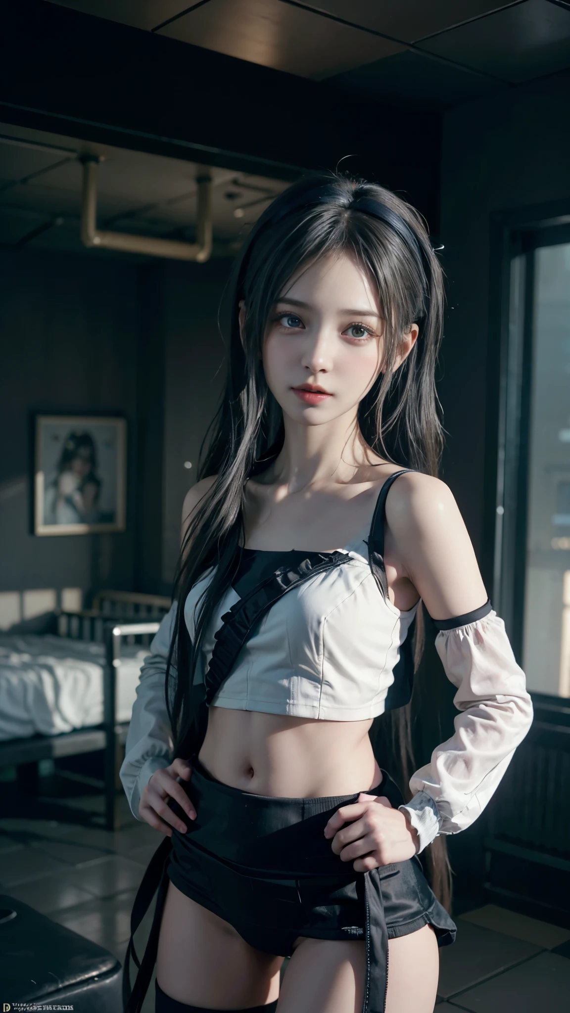 ((Transcendent Cute Beautiful Girl)), (Beautiful breasts, Cleavage), (Small beautiful butt), Thin thighs, (Tight waist), (Baby Face:1.5), (Small and slender figure), (Slender body line), (Perfect Anatomy:1.2), ((Cyberpunk Room:1.2)), (((Miko costume))), (Highest quality, 8K, masterpiece:1.2), (Sexy expression:1.3, blush:1.2), Smooth body, Ultra-detailed, Beautiful details, ((Short pigtails)), (Detailed eyes and face:1.2), (Detailed hands), (Hands on hips)