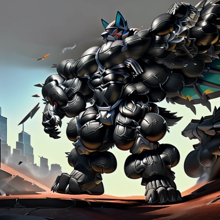 (masterpiece. official art. 8k. best quality. detailed full body. full body.)

(situation 1 : dominating LUCARIO. focus GIANT mechanical Muscular LUCARIO is trampling the CITY. macro. stomp. Low-angle perspective. emphasizing the immense size. The perspective is from below, emphasizing the sheer majesty and power of the Giant. giant art. He is much bigger than a skyscraper. Giga Giants. micro soccer field. looking down.)

(situation 2 :smoke and flames rising from the destruction in the city)

(Additional details 1: wearing a full-face helmet. helmet is jet black. The color of NANOSUIT is jet black. high-tech bio-mecha armor. real texture material. whole body shines like metal. Wearing cyberpunk mecha. emphasizes the muscles. suit fully made of metal. intricate armor. Robotic suit. suit fully made of metal. NANOSUIT with the same design as LUCARIO.).

(Additional details 2: (Detailed head. Detailed Body. Detailed abs. gigantic muscles. HYPER MUSCLES. Gigachad Muscular. big muscle. pecs. triceps. traps. unusually developed muscular body. body full of huge muscles. showing off muscles. pectorales enormes. Exaggeratedly huge muscles. huge muscles. long legs.).

(Additional details 3: nj5furry, Spread wings. It has wings. black have big wings. The claws are sharp. Sharp teeth.5 toes.). 