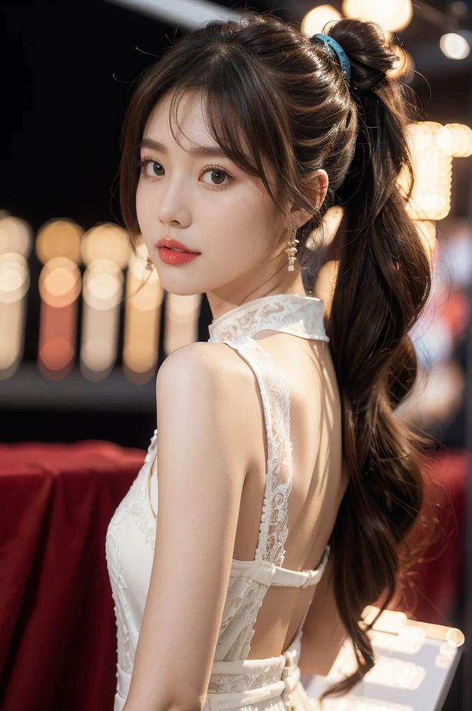 1girl,bangs,bare arms,collar,maxi white lace cheongsam,detailed background,detailed eyes,brown hair,earrings,upper body,jewelry,slim,flat chest,ponytail,looking at viewer,makeup,night scene,red lips,signature,laughing,solo,standing,On the T-stage,catwalk,fashion show,Surrounded by crowded crowds on both sides of the stage,neon lights