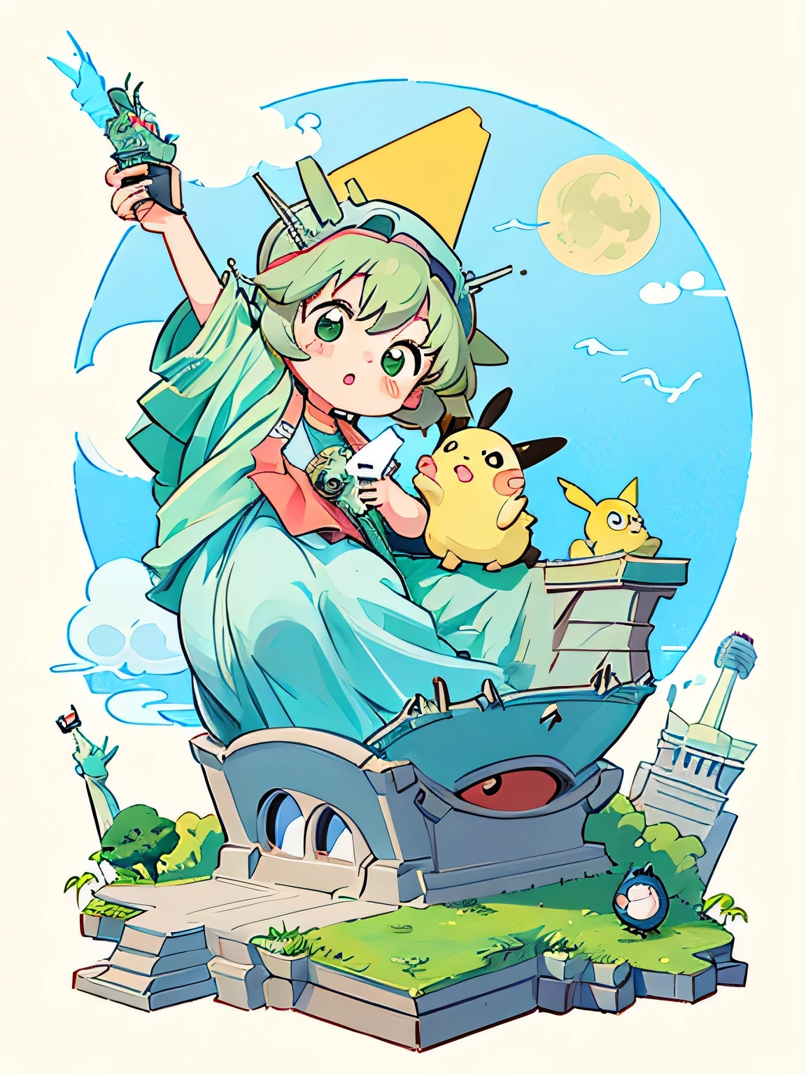 Hayao Miyazaki style、Kawaii Design, most beautiful girl ever、Chibi, (((expedition)))、(((statue of liberty))), Pikachu, Totoro, Lunar Surface, Colorful and cute pillbugs, Makkurokurosuke