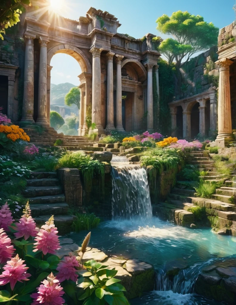 quality(8k wallpaper of extremely detailed CG unit, ​masterpiece, hight resolution, top-quality, top-quality real texture skin,hyper realisitic, digitial painting,increase the resolution,RAW photos，best qualtiy,highly detailed,the wallpaper),BREAK,8K, flowers , sunny, ancient ruins , landscape, water fall, dappled sunlight, 