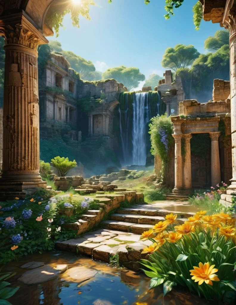 quality(8k wallpaper of extremely detailed CG unit, masterpiece, hight resolution, top-quality, top-quality real texture skin,hyper realisitic, digitial painting,increase the resolution,RAW photos,best qualtiy,highly detailed,the wallpaper),BREAK,8K, flowers , sunny, ancient ruins , landscape, water fall, dappled sunlight,
