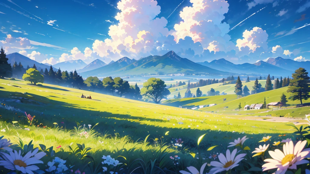 Anime, hermoso sendero, flores, campo, cielo azul, nubes, green fields and mount, Anime, hermoso sendero, flores, campo, cielo azul, nubes, green fields and mountains 
