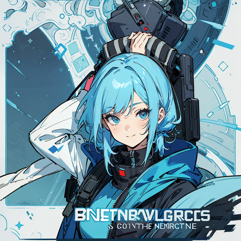A blue-haired girl has a cold expression and is smiling. Her clothes are cyberpunk. She is looking at herself. She is handing out medicine.