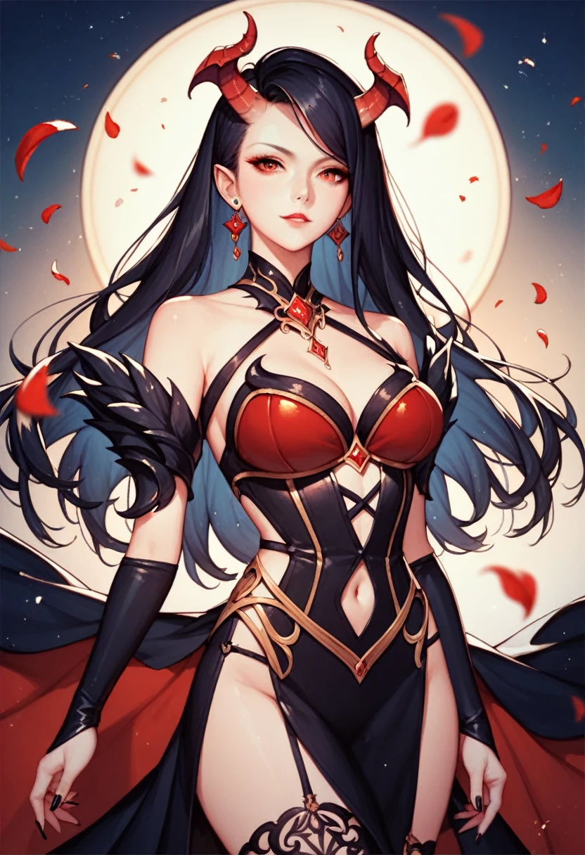 2D anime picture, (anime style 1), girl, 16 years old, sadistic, demoness princess, small demoness horns, beautiful long black hairstyle, in luxury and sexy princess demon fencing outfit, stand on training area, fantasy, Middle Ages, night