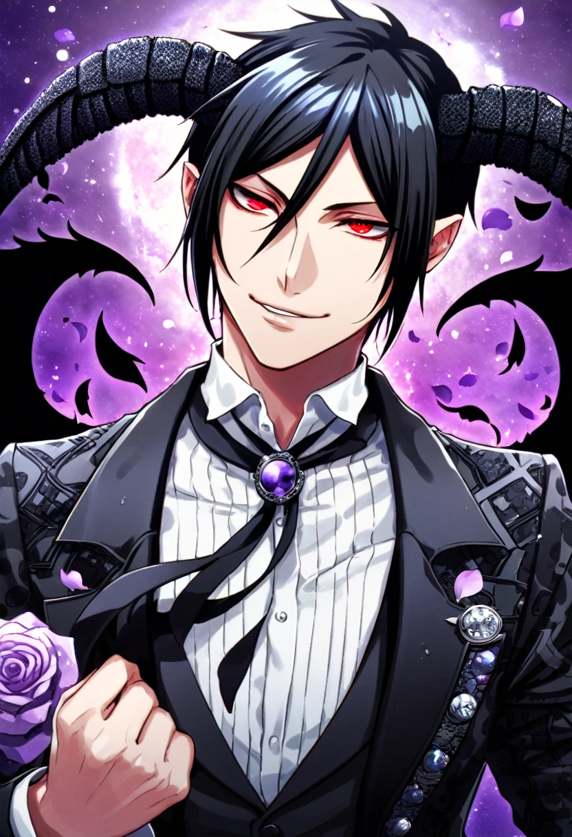 Ultra detailed, Highres, absurdres, HDR, Sebastian Michaelis, black hair, expressive red eyes, black coat with patterns, Kuroshitsuji, white shirt, fantasy, petals, handsome, sexy man, solo, very detailed eyes and face, master piece, black gloves, purple background, purple moon, Black Butler, black demon horns, black demon wings, magical, purple roses, black feathers, smirking, shining, black pants