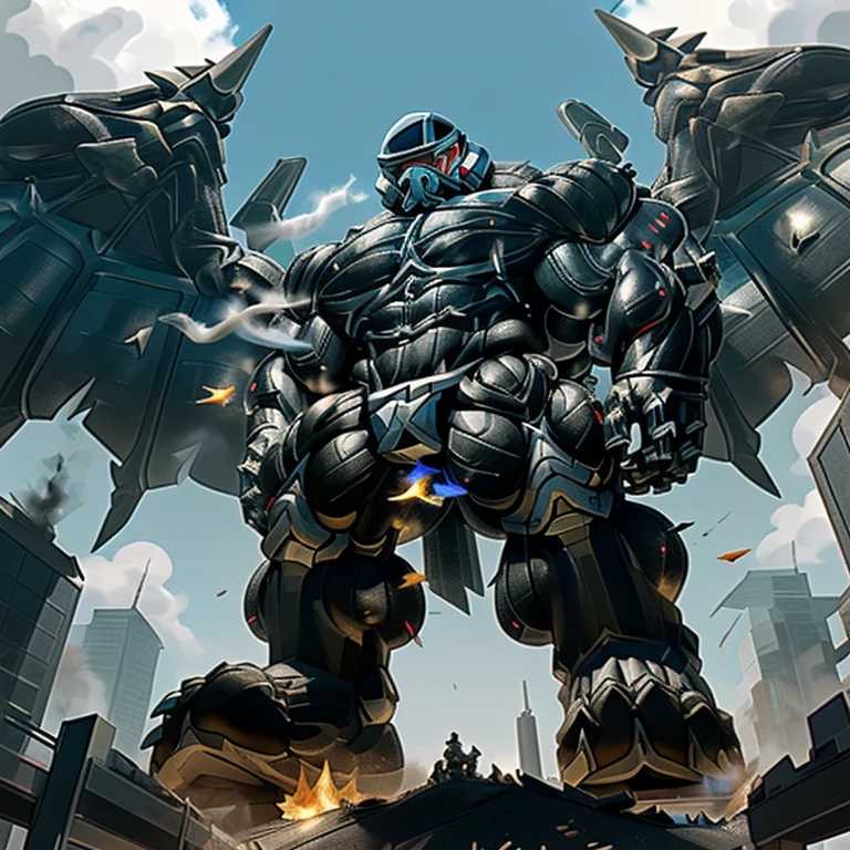 (masterpiece. official art. 8k. best quality. detailed full body. full body.)

(situation 1 : dominating LUCARIO. focus GIANT mechanical Muscular LUCARIO is trampling the CITY. macro. stomp. Low-angle perspective. emphasizing the immense size. The perspective is from below, emphasizing the sheer majesty and power of the Giant. giant art. He is much bigger than a skyscraper. Giga Giants. micro soccer field. looking down.)

(situation 2 :smoke and flames rising from the destruction in the city)

(Additional details 1: wearing a full-face helmet. helmet is jet black. The color of NANOSUIT is jet black. high-tech bio-mecha armor. real texture material. whole body shines like metal. Wearing cyberpunk mecha. emphasizes the muscles. suit fully made of metal. intricate armor. Robotic suit. suit fully made of metal. NANOSUIT with the same design as LUCARIO.).

(Additional details 2: (Detailed head. Detailed Body. Detailed abs. gigantic muscles. HYPER MUSCLES. Gigachad Muscular. big muscle. pecs. triceps. traps. unusually developed muscular body. body full of huge muscles. showing off muscles. pectorales enormes. Exaggeratedly huge muscles. huge muscles. long legs.).

(Additional details 3: nj5furry, Spread wings. It has wings. black have big wings. The claws are sharp. Sharp teeth.5 toes.). 