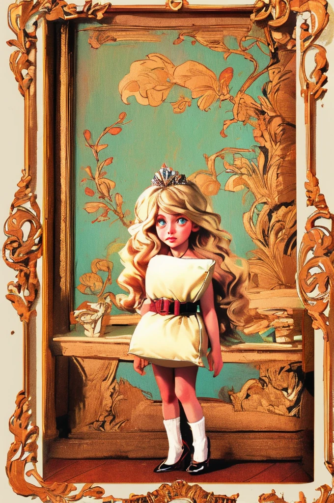 style by Henri Gervex artwork oil painting portrait toddler girl standing next to vintage bed background room vintage 70s, (blonde long hair, straight hair) tiara, pillowchallenge, white pillow sheepskin, bare shoulders, belt leather, DG logo belt, high heels , tulle socks