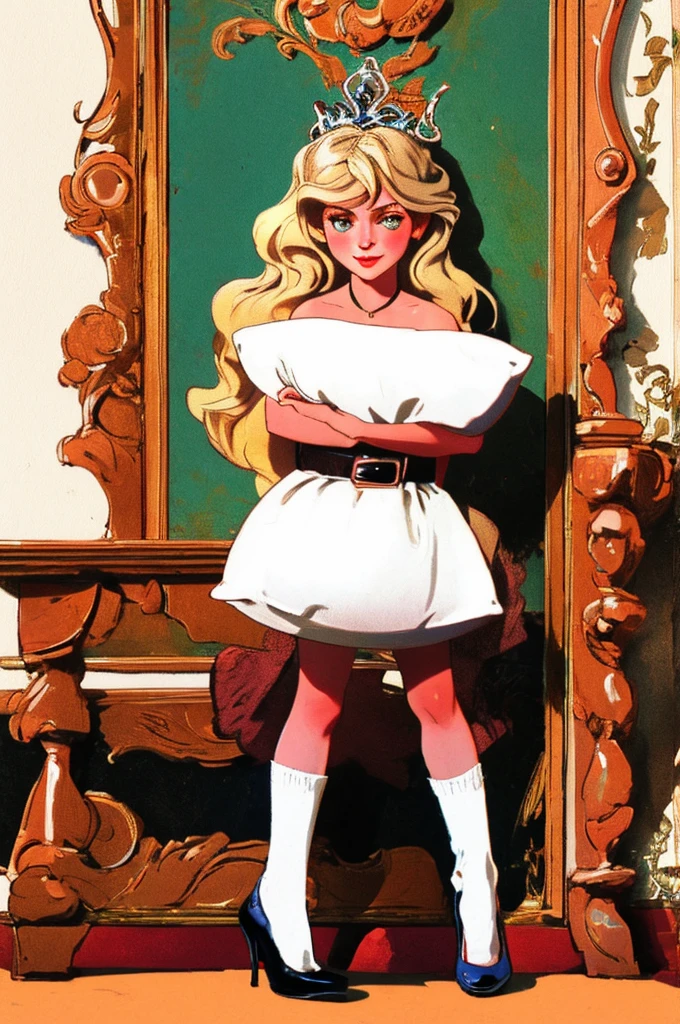 style by Henri Gervex artwork oil painting portrait toddler girl standing next to vintage bed background room vintage 70s, (blonde long hair, straight hair) tiara, pillowchallenge, white pillow sheepskin, bare shoulders, belt leather, DG logo belt, high heels , tulle socks