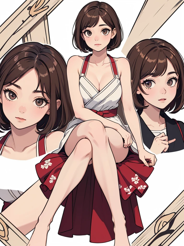 (((masterpiece, best quality, ultra highres, 1 girl, solo, no background))), super detailed skin and face and eyes and finger, beautiful japanese woman, small breasts:1.5, skinny, light brown hair, white background, very short hair, (an illustration of girl), Knee shot, Generate with illustrations, Various expressions, Various poses, Various Costumes, spread legs,