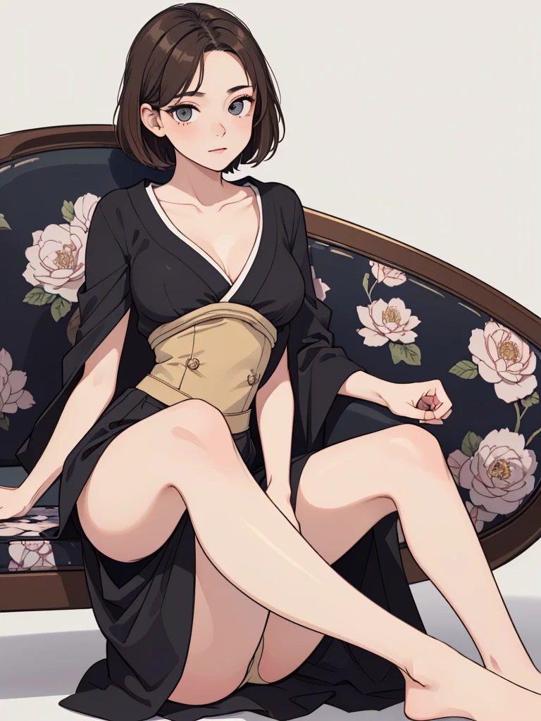 (((masterpiece, best quality, ultra highres, 1 girl, solo, no background))), super detailed skin and face and eyes and finger, beautiful japanese woman, small breasts:1.5, skinny, light brown hair, white background, very short hair, (an illustration of girl), Knee shot, Generate with illustrations, Various expressions, Various poses, Various Costumes, spread legs, 