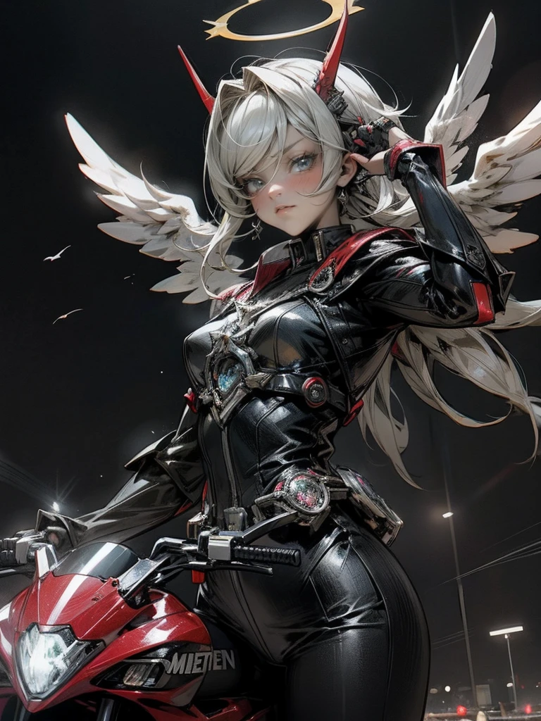 Kamen Rider,Angel, woman,heaven battle arena background,rider kick,halo,devil custumize morter cycle riding,riders battle royal,