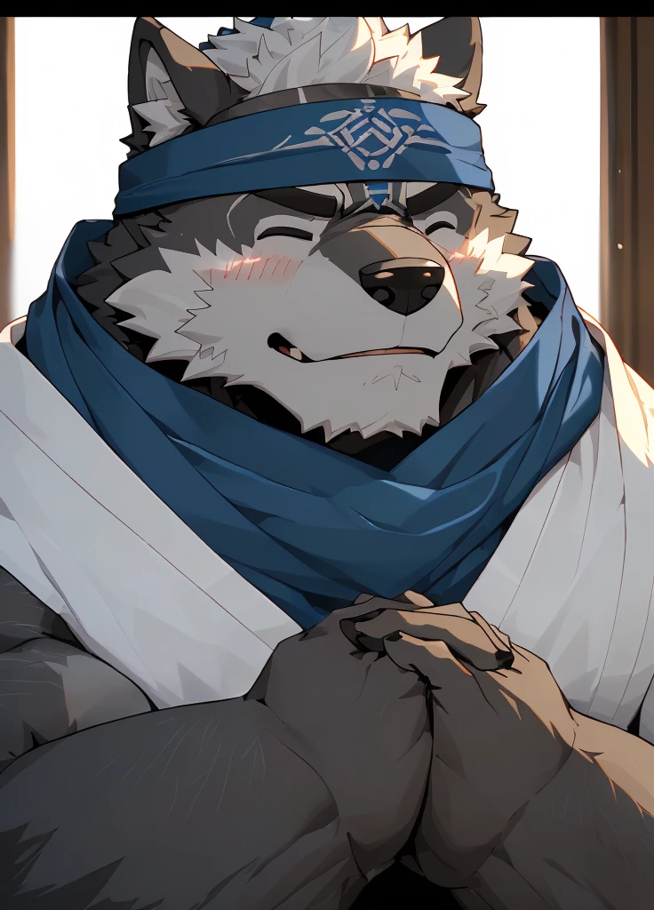 (masterpiece)，(Very detailed)，(best quality)，hairy，Wolf，Dark black fur，white hair，Black eyebrows，Gray pupil，Muscular，(Japan samurai attire)，((blue scarf))，((Brown headband))，(blush:1.1)，((Hands together:1.3))，((Close your eyes))，(Pious)，((Ultra HD close-up:1.4))，8K，(high quality)，(Ultra high quality)，(Super detailed)，(Best Works)