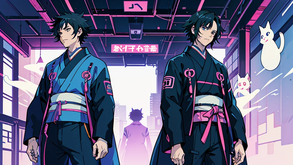 Lots of cat ghosts Black Hair male Anime Style Highest quality Japanese cyber punk Delicate quality Beautiful illustrations High quality down to the last detail