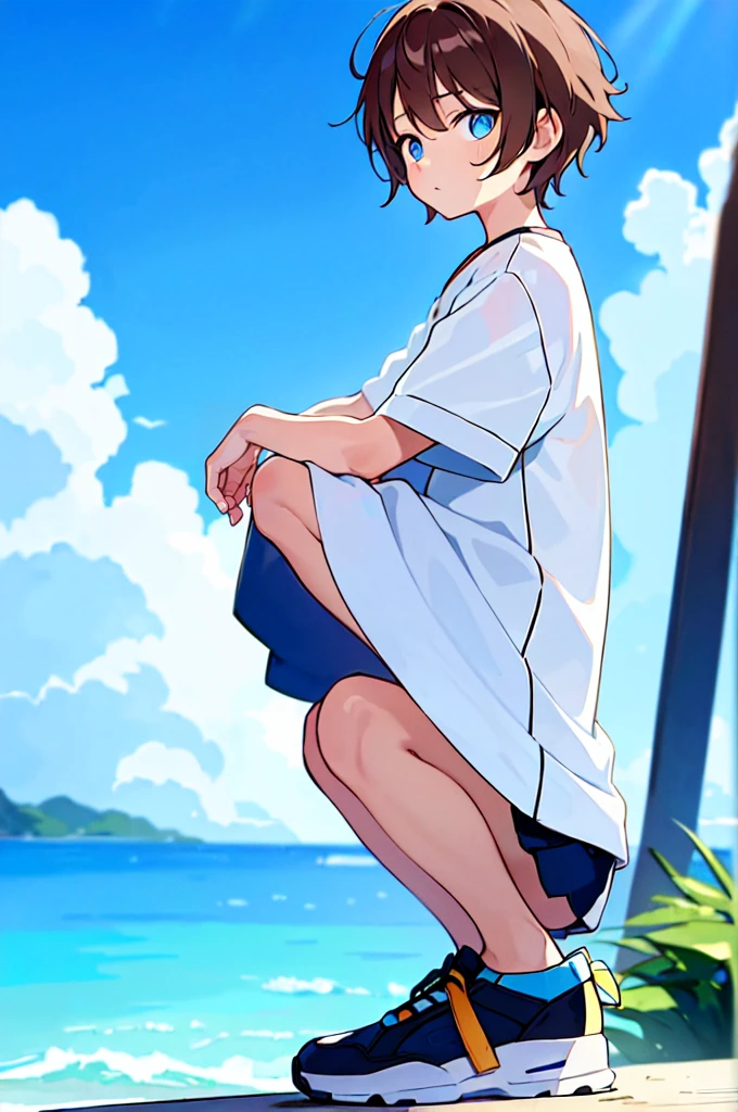[(SKY BACKGROUND:1.5),::5], (((masterpiece))), high quality, very_high_resolution, large_filesize, full color, medium long shot, squatting, Solo, (1 ), 13 old year, (short brown hair), vivid color, Blue eye, summer clothes, Summer Sneaker, anime style