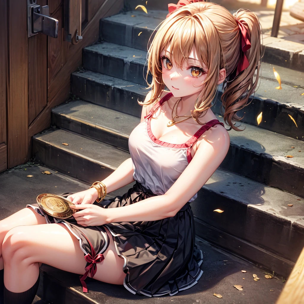 Red, brown, gold, gold hair、Golden Eyes、Hair tied up、One good looking girl、solo、anime、Checkered mini skirt、Ruffles on the skirt、camisole、camisole、Lightweight cardigan、Black knee-high socks、Wearing a baseball cap、Wearing a ribbon、Ribbon on waist、Teeth are visible、Sunset sky、Cumulonimbus、Silver coin necklace、shine、From above、Sparks are flying、tunnel、Cobblestones、Sitting on the stairs