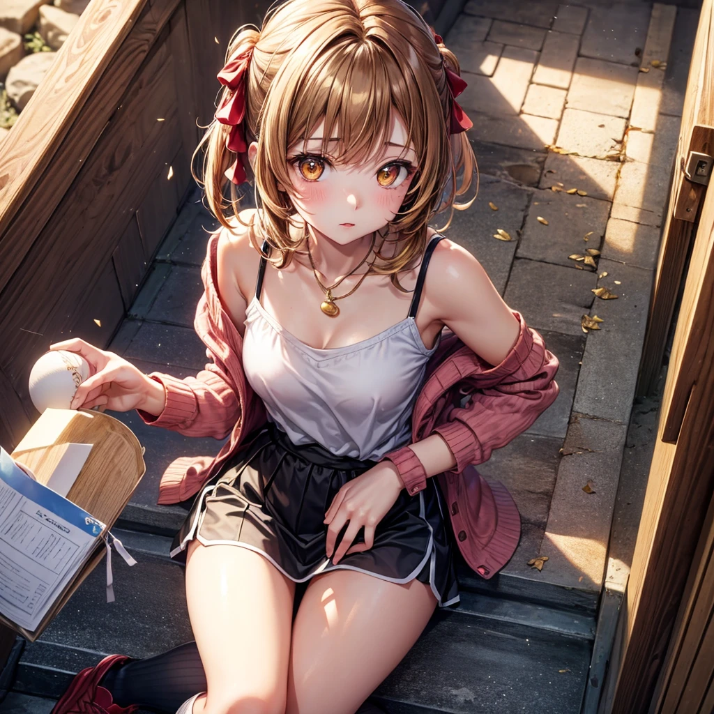 Red, brown, gold, gold hair、Golden Eyes、Hair tied up、One good looking girl、solo、anime、Checkered mini skirt、Ruffles on the skirt、camisole、camisole、Lightweight cardigan、Black knee-high socks、Wearing a baseball cap、Wearing a ribbon、Ribbon on waist、Teeth are visible、Sunset sky、Cumulonimbus、Silver coin necklace、shine、From above、Sparks are flying、tunnel、Cobblestones、Sitting on the stairs