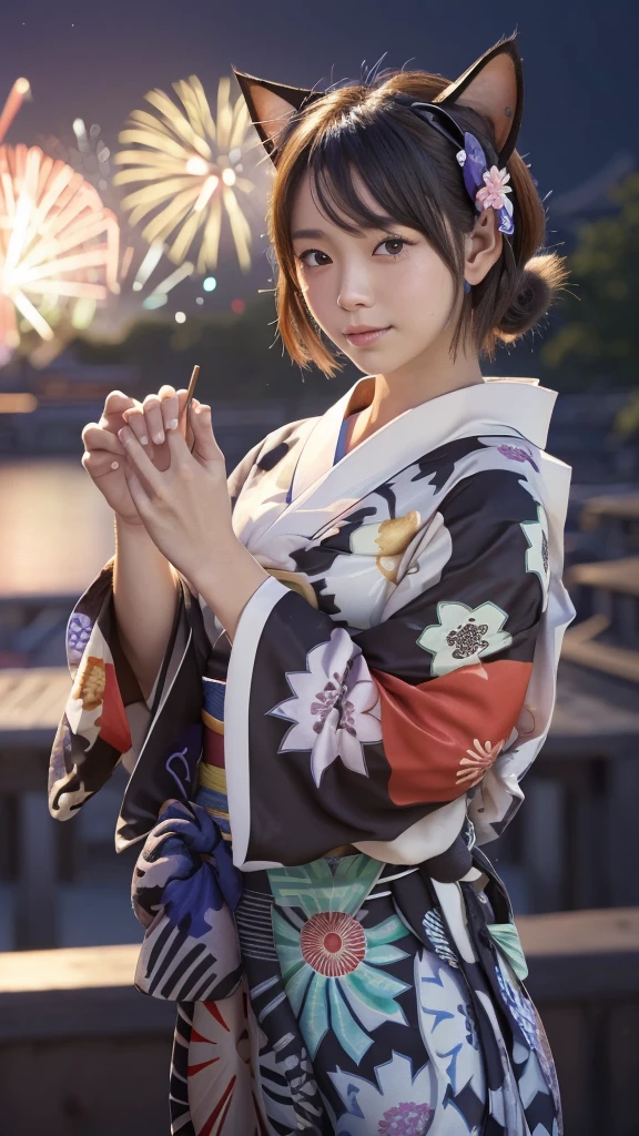 Masterpiece, 4k, Bokeh, beautiful face, (Japanese idle:1.6), 
(wearing detailed yukata:1.5), (posing), (Perfect hands:1.2), 
BREAK,
(Beautiful fireworks in the night sky background:1.3), (Cat ears:1.3), 