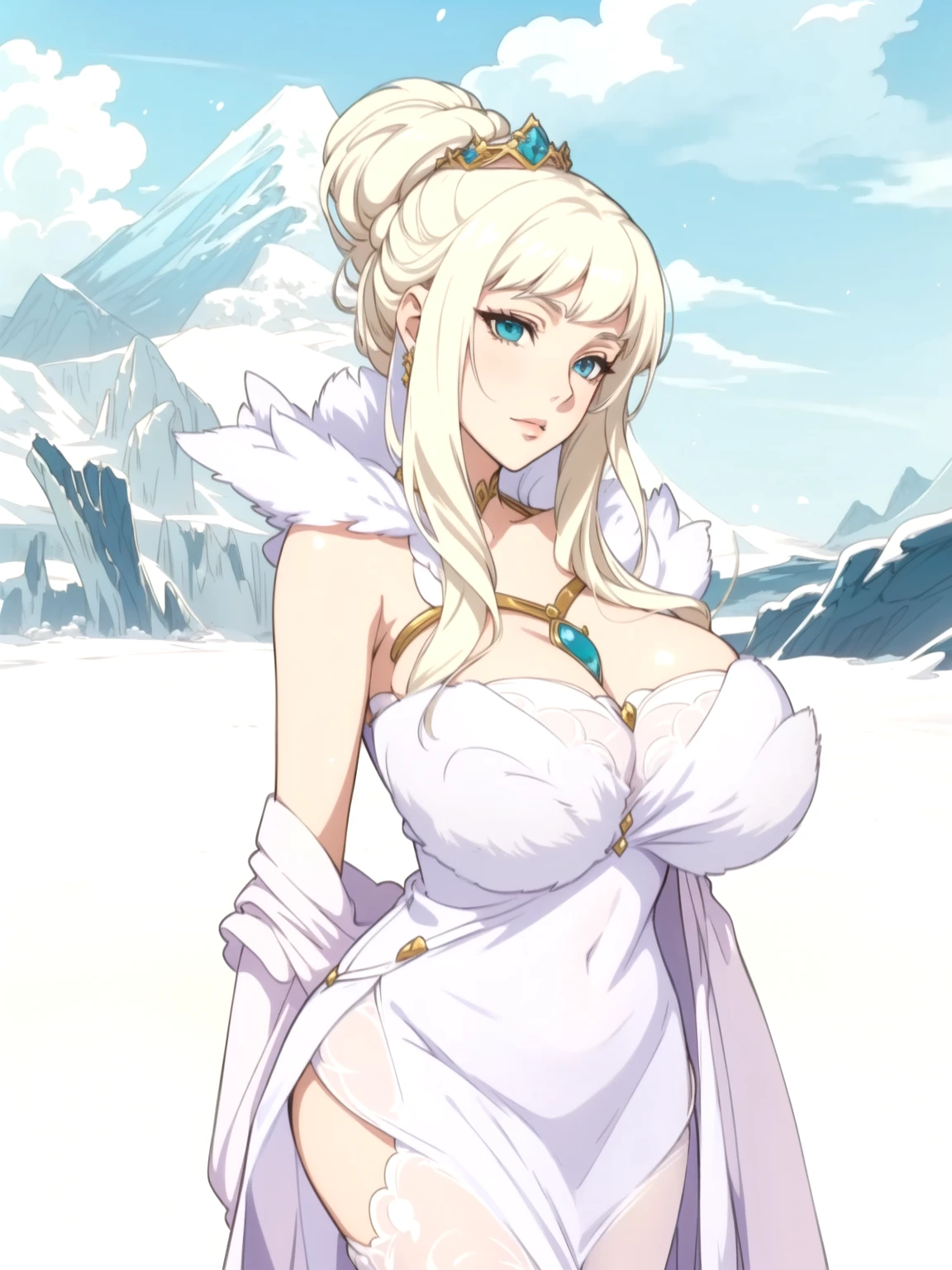 anime - style image of a woman in a white dress with a tiable, ((a beautiful fantasy empress)), royal elegant pose, a beautiful fantasy empress, hyperborea princess, ice queen, queen of ice and storm, princess 'kida' kidagakash, anime goddess, white haired deity, blonde - haired princess, fluffy chest, sfw version