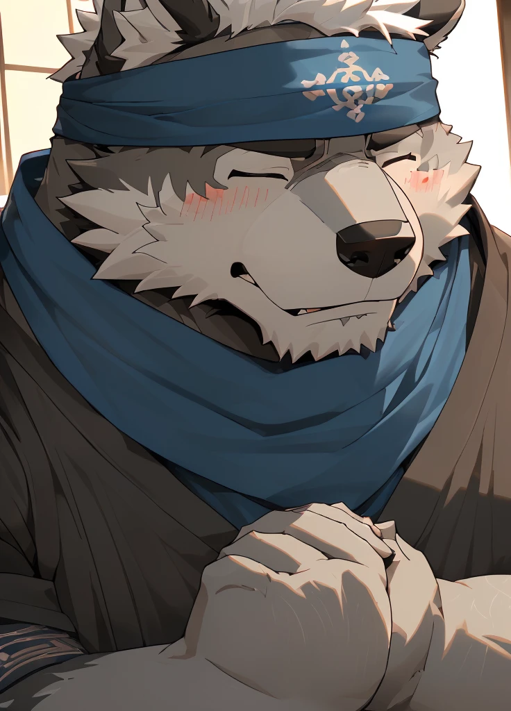 (masterpiece),(Very detailed),(best quality),hairy,Wolf,Dark black fur,white hair,Black eyebrows,Gray pupil,Muscular,(Japan samurai attire),((blue scarf)),((Brown headband)),(blush:1.1),((Hands together:1.3)),((Close your eyes)),(Pious),((Ultra HD close-up:1.4)),8K,(high quality),(Ultra high quality),(Super detailed),(Best Works)