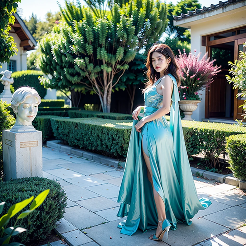 最High quality, en 8K, , vibrant, sharpness, High quality, high resolution,, (en regardant le public), seul, Belle femme, 25ans, prune, Les cheveuxlong et noirs ondulé , clivage, robe à motifs aux couleurs vives, afternoon、devant le jardin du parc,s'sit cross-legged on a bench:1.5, peau de porcelaine, teint lumineux, yeux en amande avec grands cils noirs, delicately arched eyebrows, nez fin, visage anguleux, soft and full lips, rose naturel, neatly styled black hair, Modern elegance, Refined,