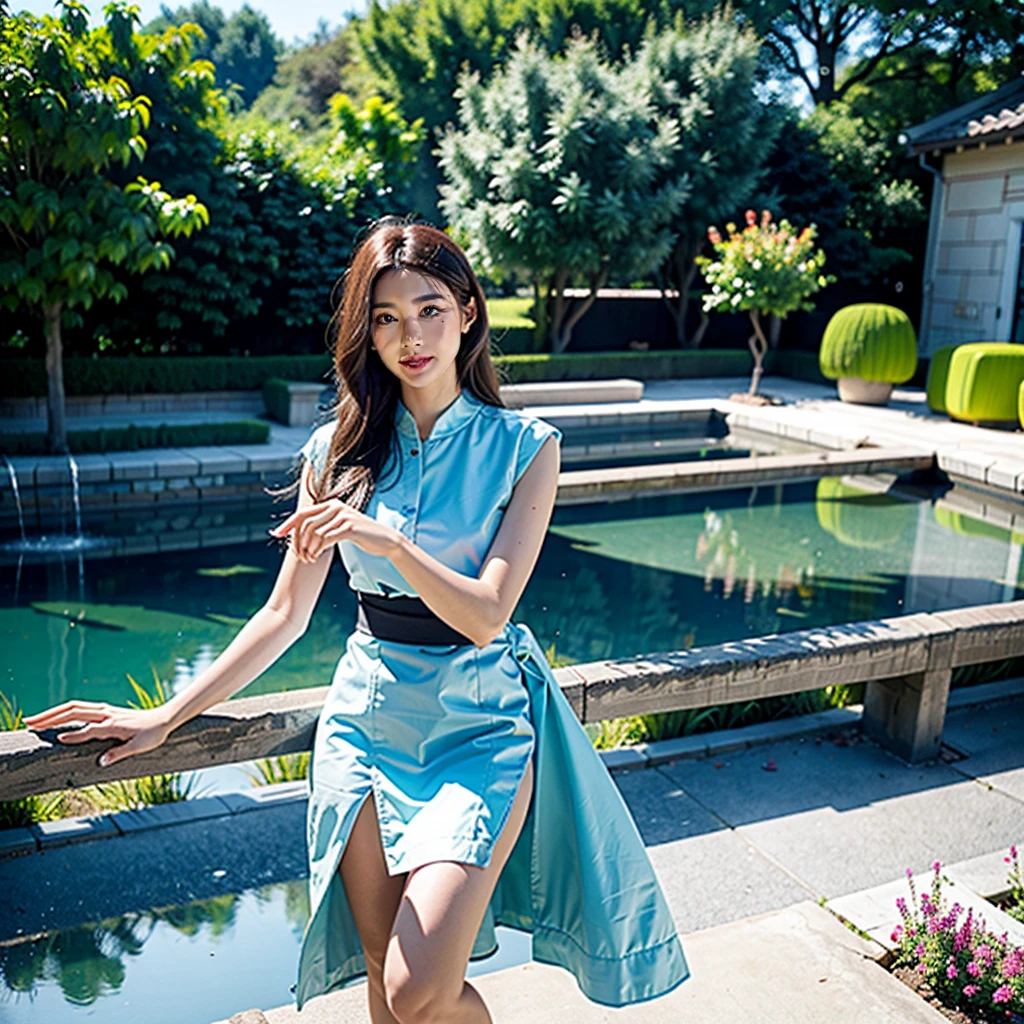 最High quality, en 8K, , vibrant, sharpness, High quality, high resolution,, (en regardant le public), seul, Belle femme, 25ans, prune, Les cheveuxlong et noirs ondulé , clivage, robe à motifs aux couleurs vives, afternoon、devant le jardin du parc,s'sit cross-legged on a bench:1.5, peau de porcelaine, teint lumineux, yeux en amande avec grands cils noirs, delicately arched eyebrows, nez fin, visage anguleux, soft and full lips, rose naturel, neatly styled black hair, Modern elegance, Refined,