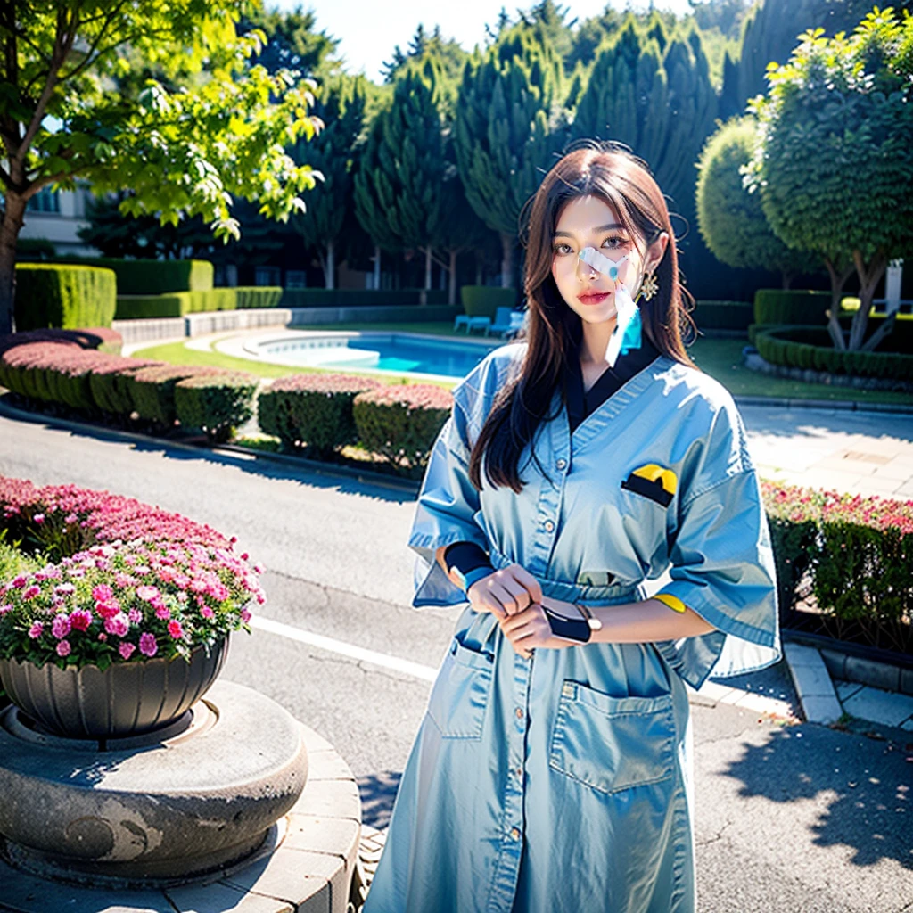 最High quality, en 8K, , vibrant, sharpness, High quality, high resolution,, (en regardant le public), seul, Belle femme, 25ans, prune, Les cheveuxlong et noirs ondulé , clivage, robe à motifs aux couleurs vives, afternoon、devant le jardin du parc,s'sit cross-legged on a bench:1.5, peau de porcelaine, teint lumineux, yeux en amande avec grands cils noirs, delicately arched eyebrows, nez fin, visage anguleux, soft and full lips, rose naturel, neatly styled black hair, Modern elegance, Refined,
