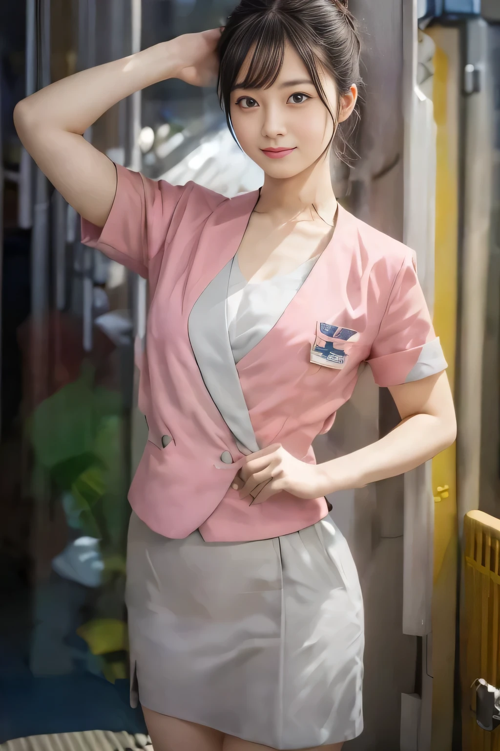 (masterpiece:1.2, Highest quality:1.2), 32K HDR, High resolution, (alone、1 girl)、 (Height: 160cm)、(On the rooftop of a building in the daytime、Professional Lighting)、Building rooftop background、(Nankai train crew uniform pinkを着たリアルスタイル)、(Nankai train crew uniform pink short sleeve collarless pink jacket、Nankai Train Crew Uniform Pink Collarless Short Sleeve Blouse、Nankai Train Crew Uniform Pink Grey Knee-length Culottes)、Dark brown hair、(Hair tied up、Hair tied up、Evening curly hairstyle)、Dark brown hair、Long Shot、Big Breasts、Thin legs、((Great hands:2.0)),((Harmonious body proportions:1.5)),((Normal limbs:2.0)),((Normal finger:2.0)),((Delicate eyes:2.0)),((Normal eyes:2.0)))、smile、(Nankai Train Crew Uniform Pink Grey Knee-length Culottesを見せた美しい歩く姿)、Place your hands around your stomach、Lanyard employee ID card