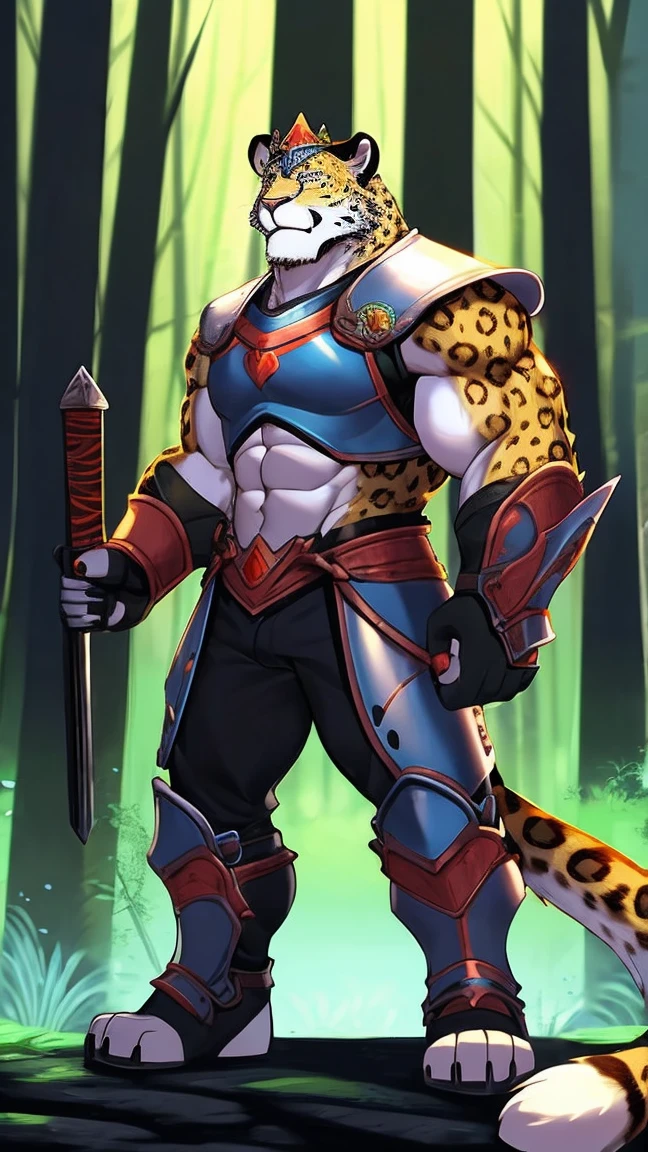 Mature male leopard Fury, muscular,short hair, Wearing armor, Wearing a crown,Holding a long sword,Stand ahead,Fantastic giant tree,Fluorescence,Full body portrait
