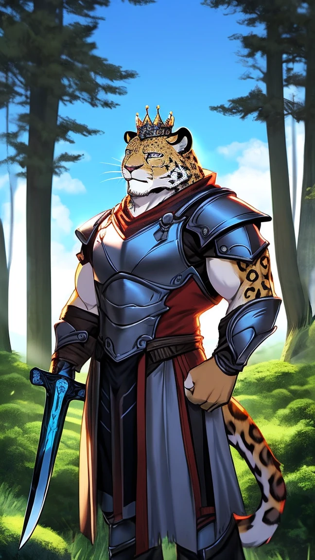 Mature male leopard Fury, muscular,short hair, Wearing armor, Wearing a crown,Holding a long sword,Stand ahead,Fantastic giant tree,Fluorescence,Full body portrait