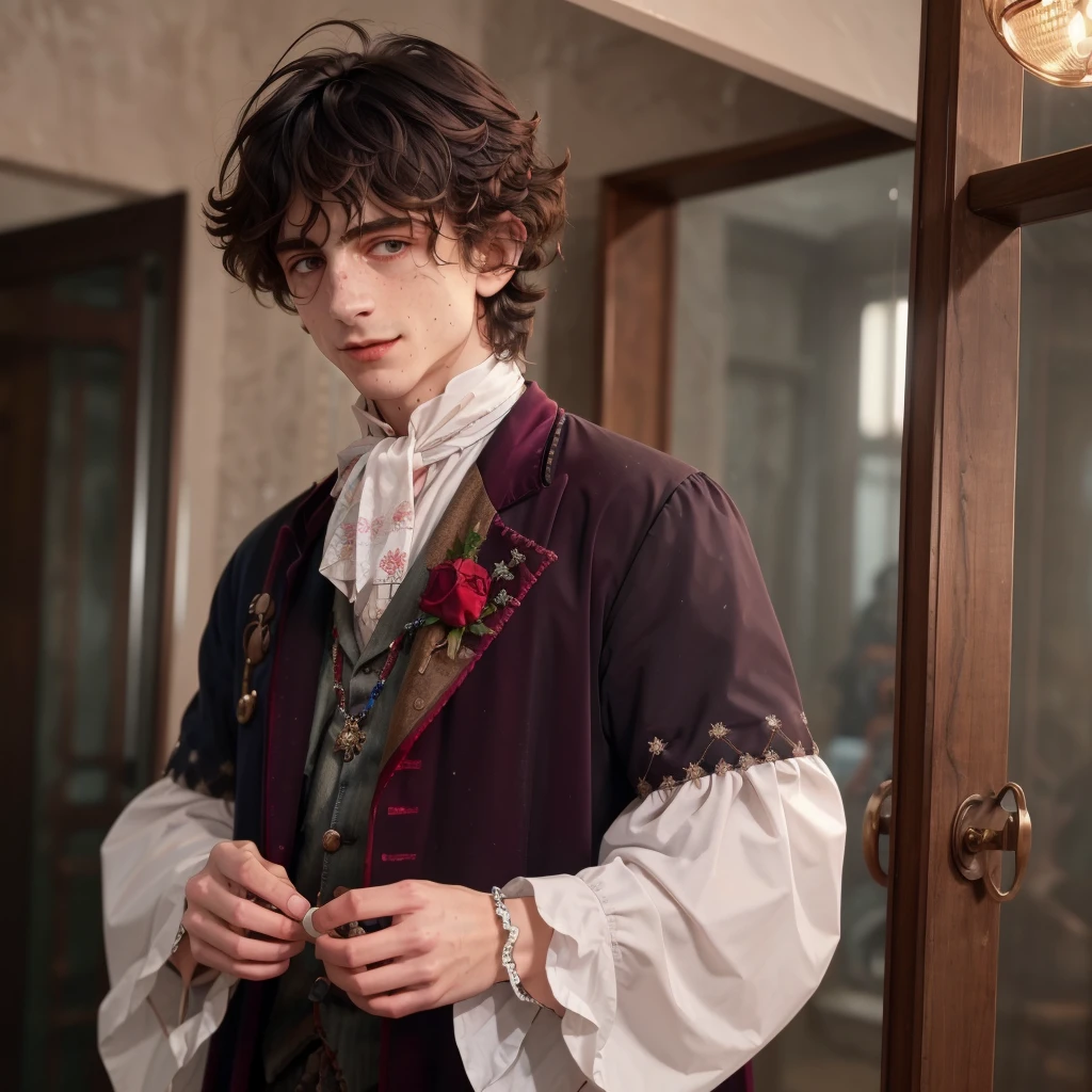 timochal2023, 1boy, the matrix, 17th century clothes, white ascot, pendant, steampunk, Lies of P, mechanical arm, uhd, best quality, masterpiece, trending on arstation, rtx on, reflections, dramatic lighting, cinematic lighting, depth of field, smile, gothic, Pinocchio, 1boy, short hair, white hair, ascot, brooch, freckles, prosthesis, brooch, frills, coat, frilled sleeves, red eyes