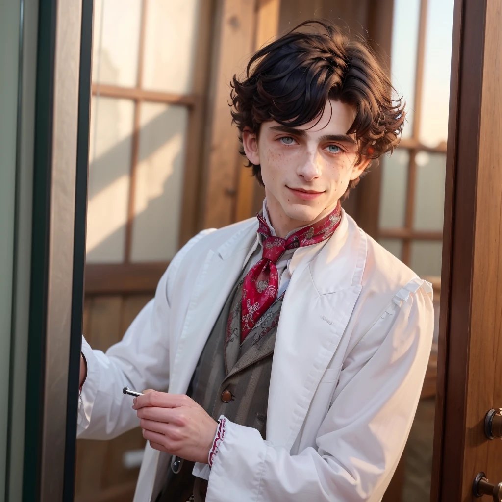 timochal2023, 1boy, the matrix, 17th century clothes, white ascot, pendant, steampunk, Lies of P, mechanical arm, uhd, best quality, masterpiece, trending on arstation, rtx on, reflections, dramatic lighting, cinematic lighting, depth of field, smile, gothic, Pinocchio, 1boy, short hair, white hair, ascot, brooch, freckles, prosthesis, brooch, frills, coat, frilled sleeves, red eyes