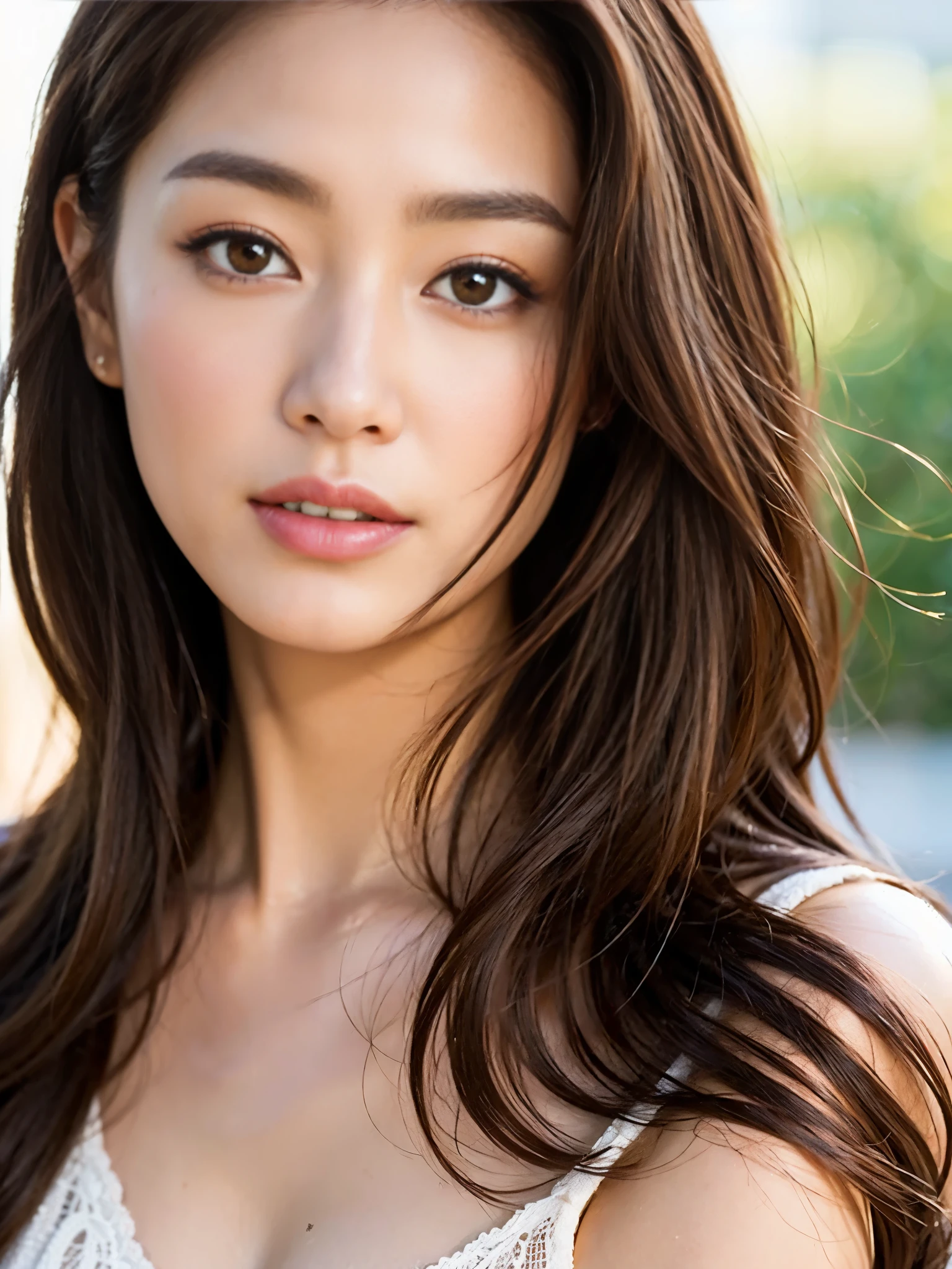 dark brown hair、light brown eyes、Japanese actress face、 lady、I'I like him and I'I'I am about 40 years old..、(intricate details:1.2)、(which one is the top?:1.4)、 (ultra high resolution:1.2)、ultra high resolution、(finely tuned)、(detailed facial features)、nffsw、8K resolution、D cup size breasts、long hair、1 girl, A look of deep sadness, (Highly detailed beautiful face), (Relaxed and stylish dress :1.5),(bare shoulders:1.3), (highest quality:1.4), (Super detailed)、beautiful fair skin, Angle from a diagonal、 Cross your arms in front of your body、Wrap your arms around your body.、open your mouth a little、Visible legs、Pose of Weakness、obscene pose、Street fashion、very sandals、cutout design、Are standing、leaning against the wall、big , wearing blue bikine, big breast & ass huge