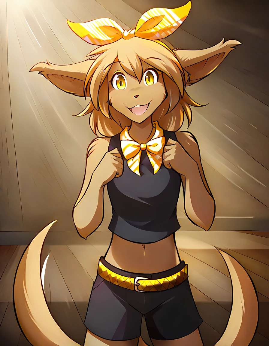 score_9, score_8_up, score_7_up, score_6_up, score_5_up, score_4_up, rating_explicit, source_furry, female, cute anthro female, cute face, stage, detailed background, looking at viewer, solo, solo focus,, (no nipples, no vagina:1.4), (digital pen line-art, soft lines, soft shading, pinup, cartoon, anime:1.1), Kagamine Rin, smile, happy, long tail, stage, midriff, white sleeveless top, yellow bow, short black shorts, belt, black detachable sleeves, madelyn-twokinds, yellow eyes, anthro, animal ears, tail