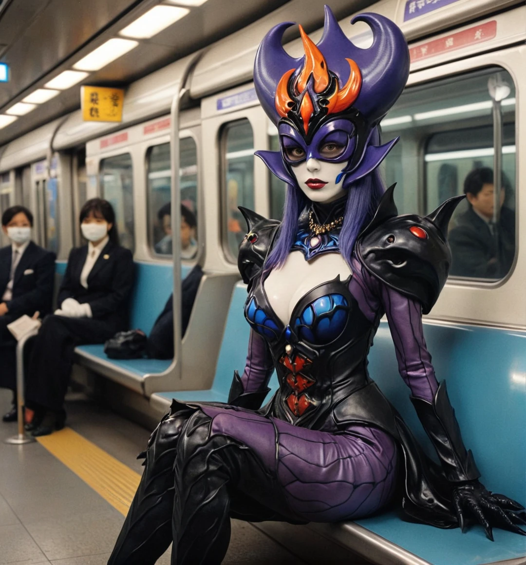 kaijinxl. full body, perfect anatomy. a tall countess, from the side, wearing a black shadows (violet dark flames:1.2) monster themed costume and mysterious blue eyed mask with flames form headgear. emphasized-details, seated on Tokyo metro with shocked people look at her, gloomy, retro filter, VHS screencap,  