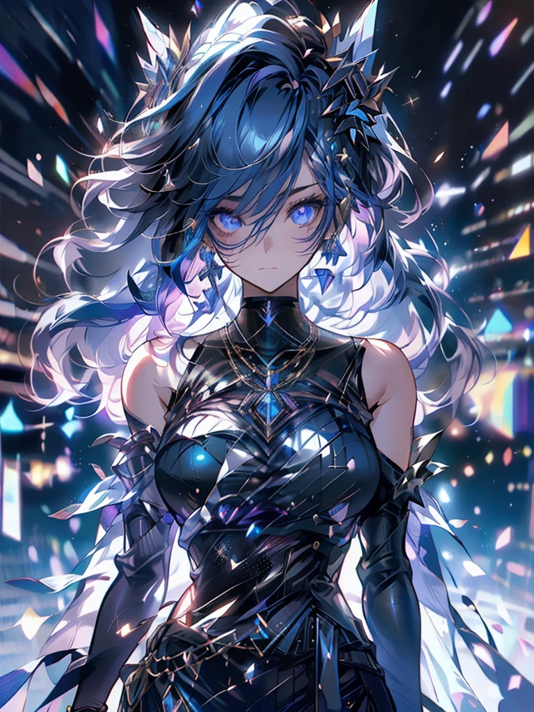 a 25 year old girl wearing , rune background, black magician, wearing a black robe, mesmerizing cute woman, elegant hairstyle, indigo hair color, slightly shorter hair, blue eyes, looking at the viewer, (best quality,4k,8k,highres,masterpiece:1.2),ultra-detailed,(realistic,photorealistic,photo-realistic:1.37),HDR,UHD,studio lighting,ultra-fine painting,sharp focus,physically-based rendering,extreme detail description,professional,vivid colors,bokeh,portraits