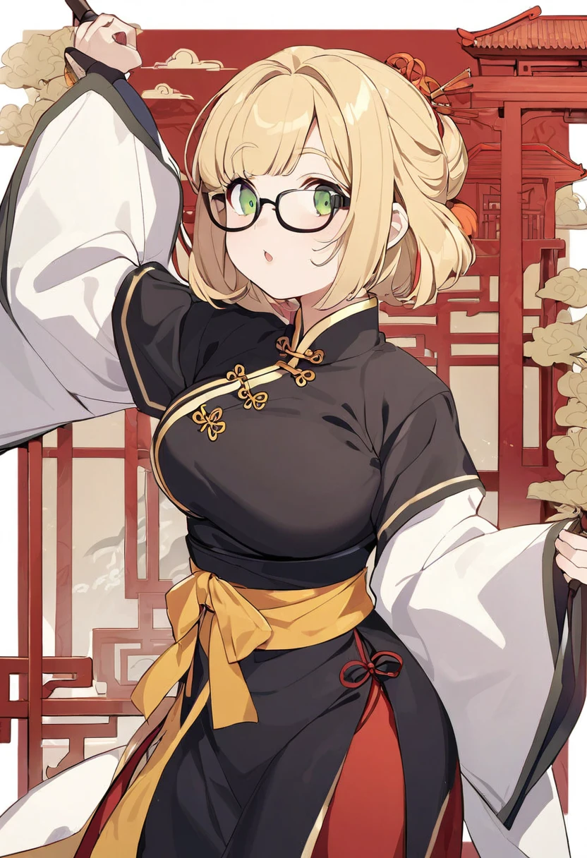 chubby girl, Blonde with green eyes, medium length hair, black glasses with square frames Chinese clothing style, Ancient China