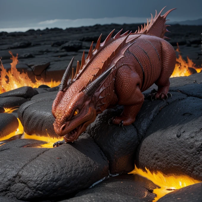 Red dragon, yellow eyes, swining on lava