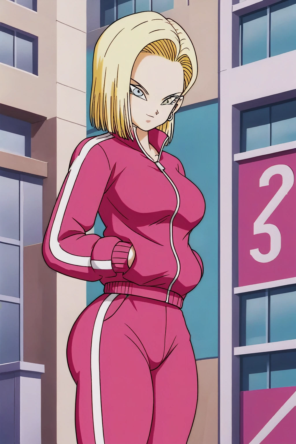 source_anime, score_9, score_8_up, score_7_up, anime screencap,
detailed face, android 18, supertop, 1girl, solo, looking at viewer, short hair, blue eyes, blonde hair, collarbone, hoop earrings, city, street, collar up, track jacket, pink jacket, track suit, track pants, pink pants, standing, hands in pockets, from below, big breasts, sexy hips, big ass, thick legs, sexy body.