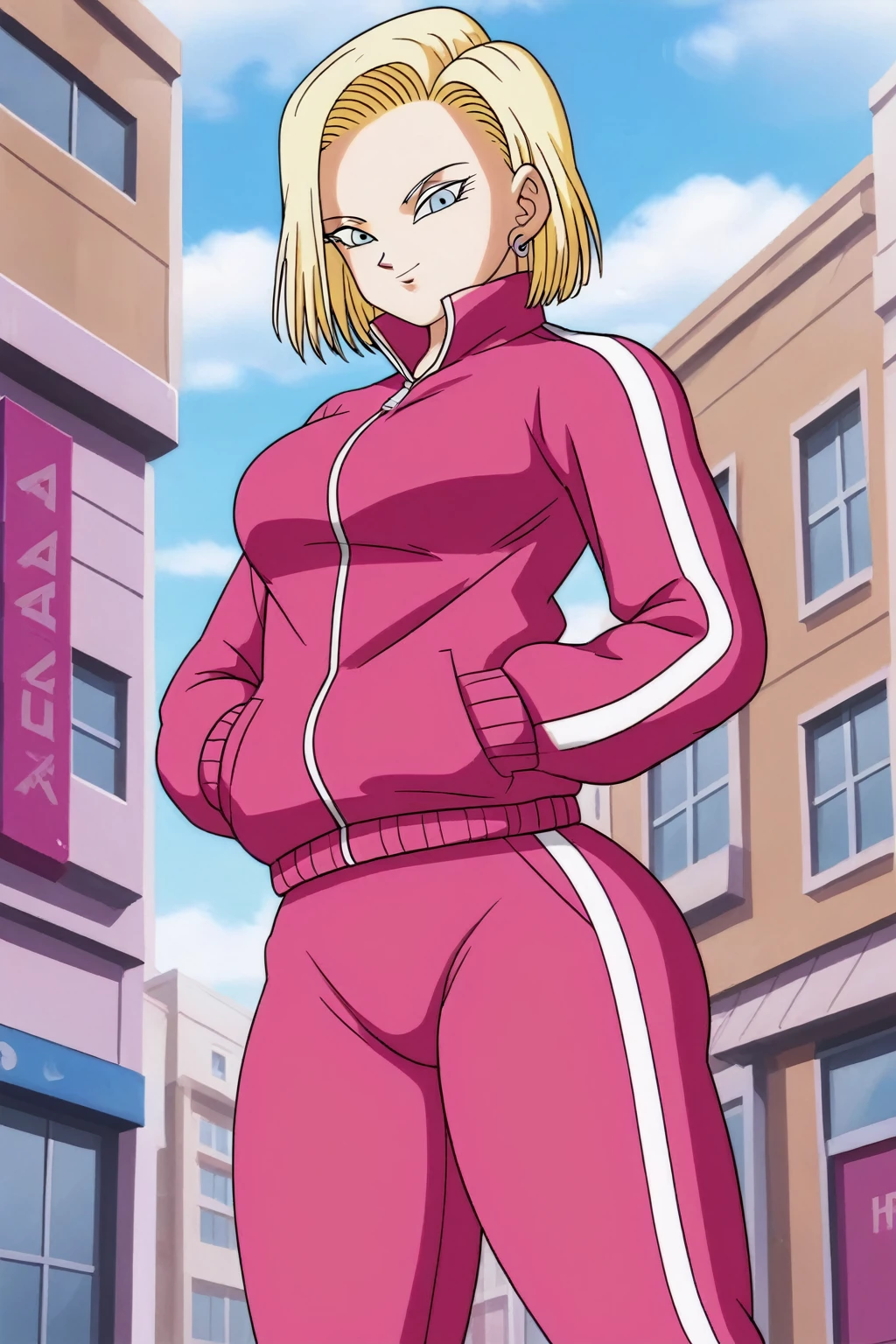 source_anime, score_9, score_8_up, score_7_up, anime screencap,
detailed face, android 18, supertop, 1girl, solo, looking at viewer, short hair, blue eyes, blonde hair, collarbone, hoop earrings, city, street, collar up, track jacket, pink jacket, track suit, track pants, pink pants, standing, hands in pockets, from below, big breasts, sexy hips, big ass, thick legs, sexy body.
