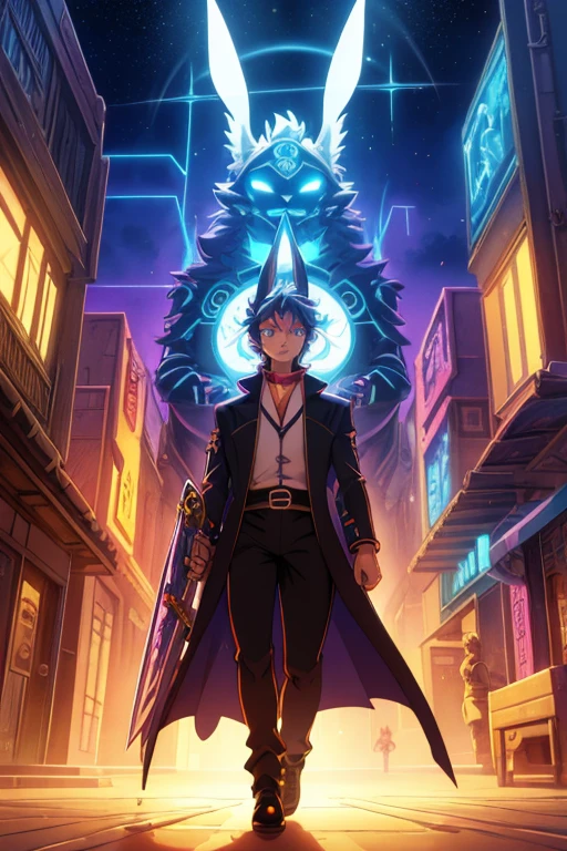 niji mode.  Human sorcerer secret agent, full body, wearing an elegant suit made of fine fabric and with magic circuits, holding in both hands a sword with a long handle with carved magic details shining, human face with rabbit ears, glowing eyes, tanned skin.  Wide and dynamic cinematographic scene, with several planes of depth.  walking in the middle of a retro cyber punk magical metropolis mixing technology and vegetation, magical light reflected in the hair and ear, aura of light, stylish pose.  Neon punk, anime traces, art book, Studio ghibli, metal hurlant, RPG fantasy.