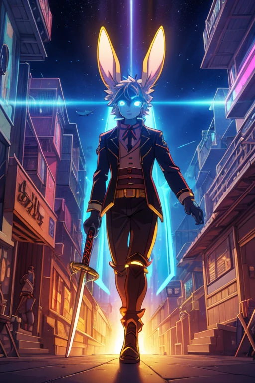niji mode.  Human sorcerer secret agent, full body, wearing an elegant suit made of fine fabric and with magic circuits, holding in both hands a sword with a long handle with carved magic details shining, human face with rabbit ears, glowing eyes, tanned skin.  Wide and dynamic cinematographic scene, with several planes of depth.  walking in the middle of a retro cyber punk magical metropolis mixing technology and vegetation, magical light reflected in the hair and ear, aura of light, stylish pose.  Neon punk, anime traces, art book, Studio ghibli, metal hurlant, RPG fantasy.