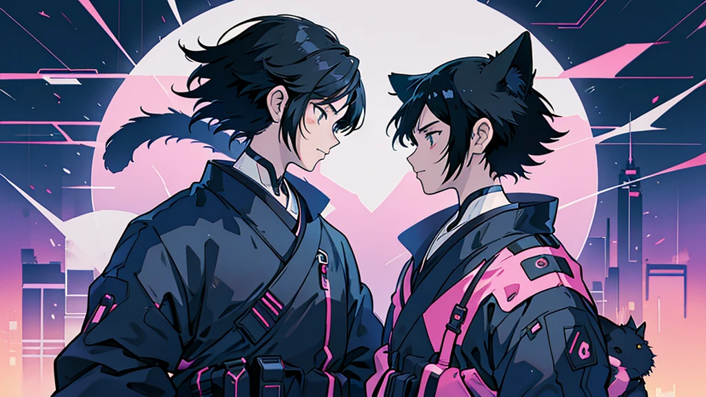 Cat People　Black Hair　male　Anime Style　Highest quality　Japanese　cyber punk　Delicate quality　Beautiful illustrations　High quality down to the last detail