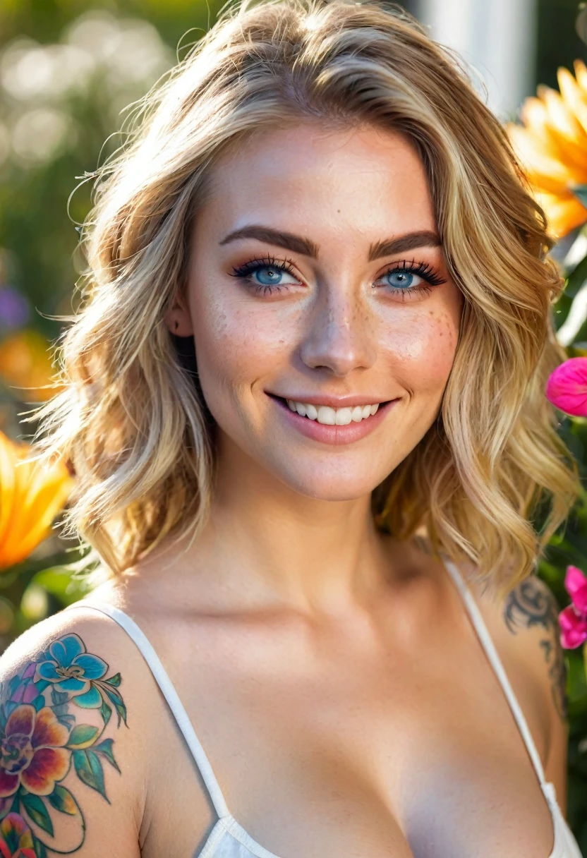 Sexy 30 y/o caucasian girl, dynamic, very sharp focus on eyes, highly detailed picture, loving, smile, large breast, blond balayage hair, tatoos, light freckels, bare face, very detailed eyes, round pupil, eyeliner, sexy rounded lips, ((standing in a colorful flower garden lighten by the warm sunlight))