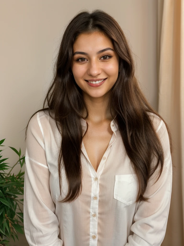 24YO, one half Russian half Jordanian women, cute smile, white teethes, long burnt orange shirt, light brown eyes, small nose, black/brown long hair