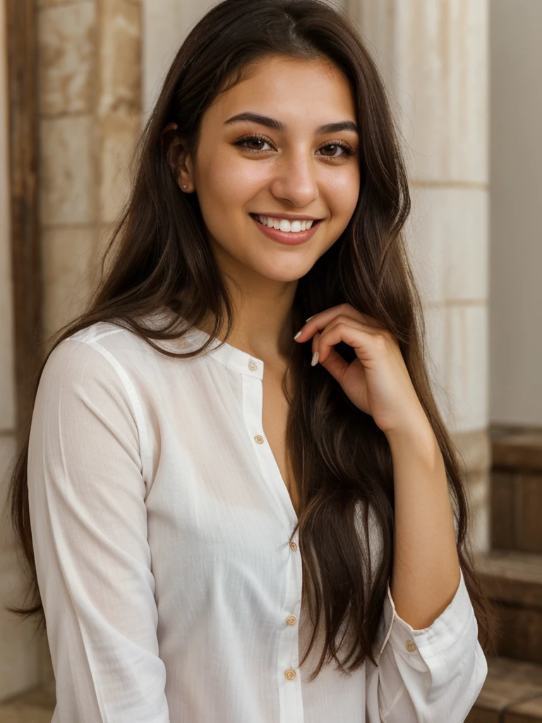 24YO, one half Russian half Jordanian women, cute smile, white teethes, long burnt orange shirt, light brown eyes, small nose, black/brown long hair