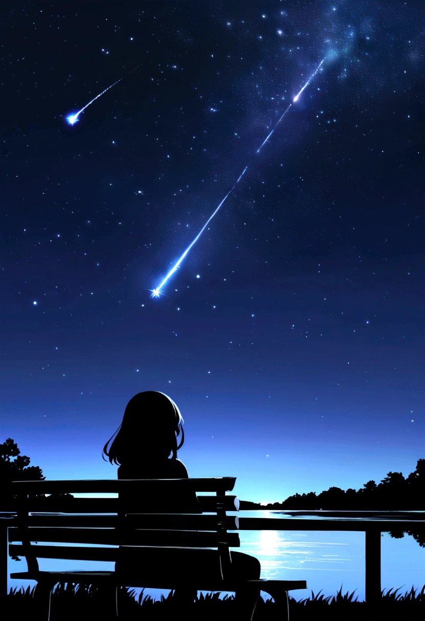 One girl, Sit on a bench,Dim lighting, Perfect proportions, Back Focus, high quality, silhouette, Urban Background, Night Sky, Starry Sky, Meteor Showers, Less clouds, Lakeside,