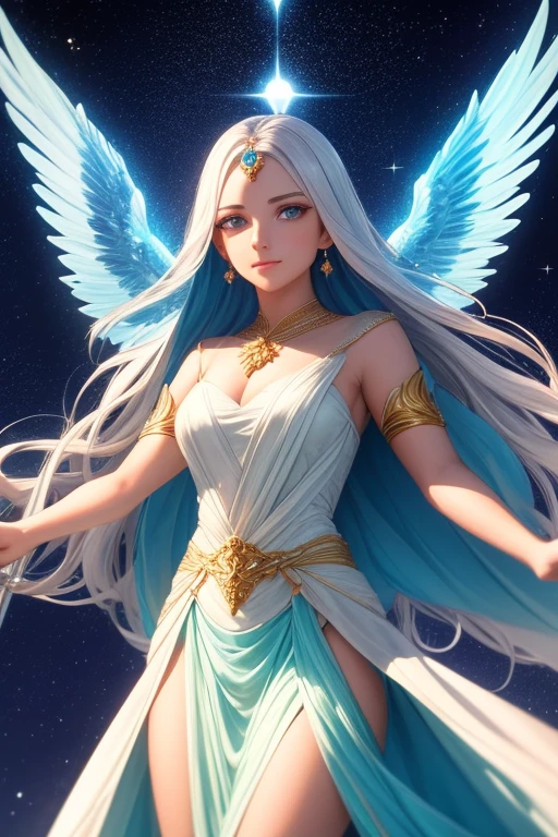 Crie uma personagem feminina que seja um anjo, possessing absolutely transcendent strength and beauty. She is known for her skin that radiates soft light, asas imponentes que brilham com tons de ouro e prata, and eyes that reflect the stars in the sky. His strength doesn't just lie in his unparalleled physical ability, but also in his deep compassion and ability to heal both physically and emotionally. She walks with an ethereal grace, emanating a calming presence that can calm even the fiercest storms.