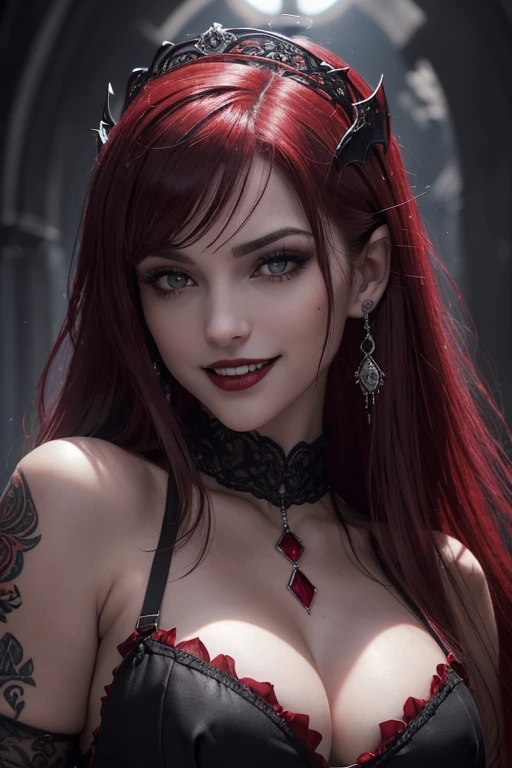 8k,(Sharp focus:1.1) reina vampiro,((Su boca estaba cubierta de sangre)), gota de sangre, Cabello manchado de sangre, ruby tiara, vestido con cordones, El escote es seductor, mirando, sombra oscura, intensidad, fanatismo, 8k, alta calidad, detalles intrincados, escote de cerca, ojos rojos brillantes,Puedes ver al vampiro.tetas grandes colmillos,Enfatiza el escote,Vampire fangs from the mouth of a manic smile.,A high resolution,Super realistic skin,Maniacal,pelo mohawk rojo brillante,